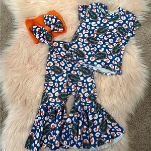 Boutique custom made 9-12 months FL Gator Leopard out with WITH matching bow